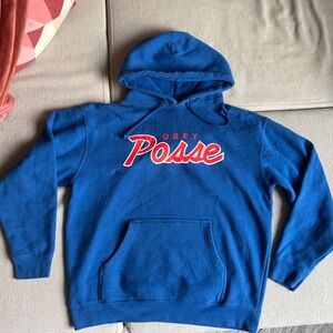 Authentic Obey Posse blue and red hooded Men’s sweatshirt, Size Large